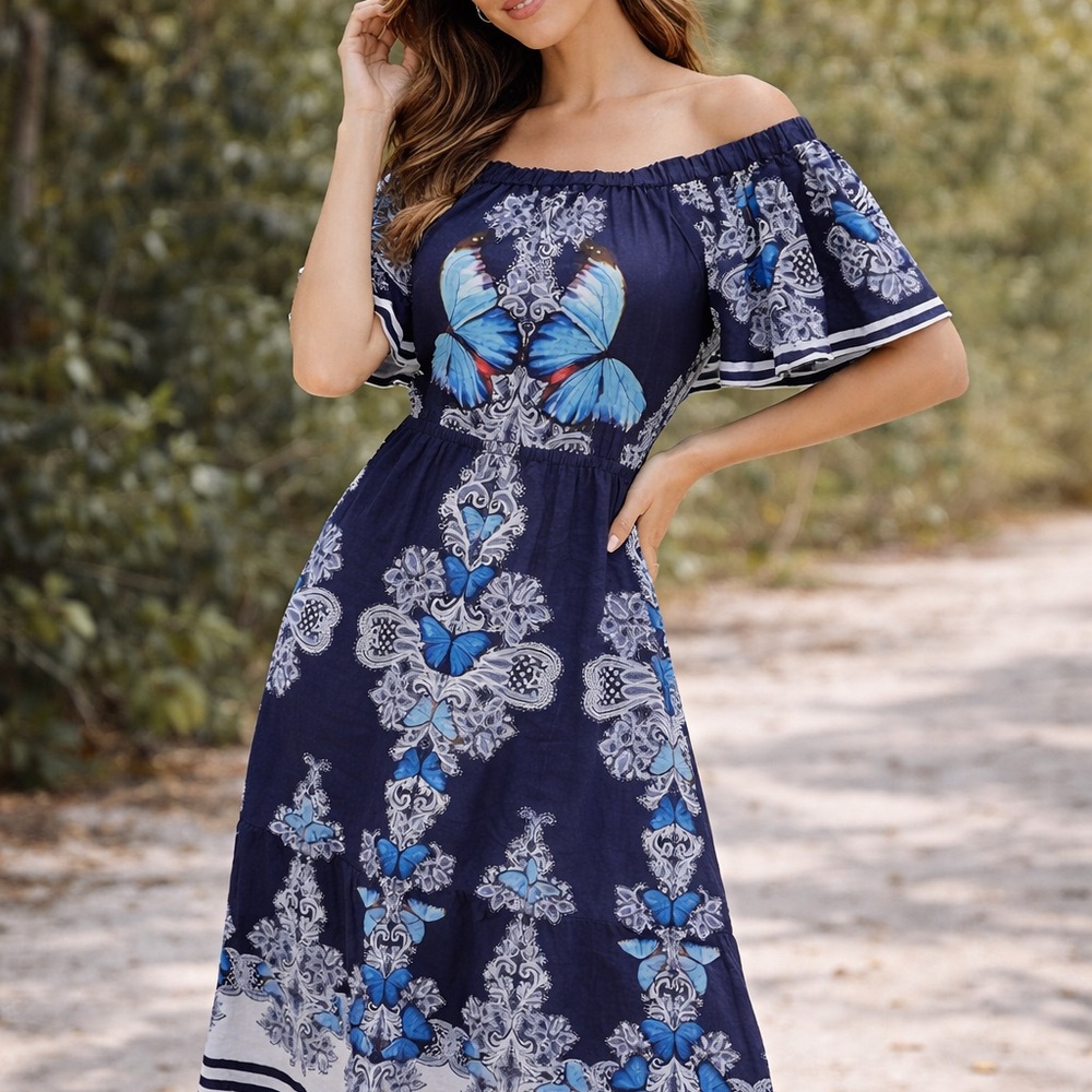 FARM Rio Navy Blue Floral Maxi Dress with Light Blue Accents Never Used
